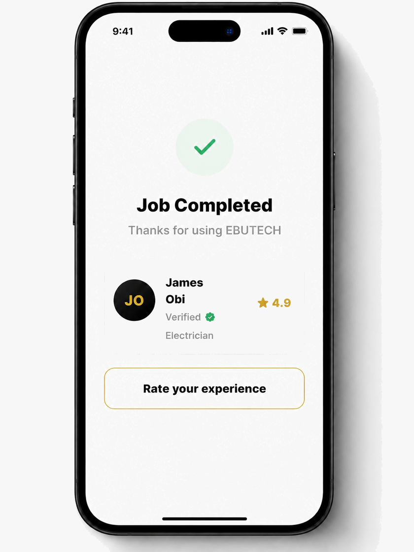 EBUTECH job completed screen with verified worker profile